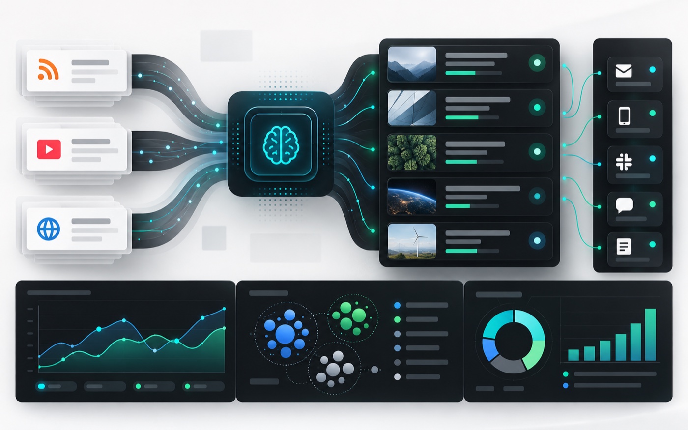 Vector Daily pipeline aggregating news sources, applying AI analysis, and distributing personalized digests